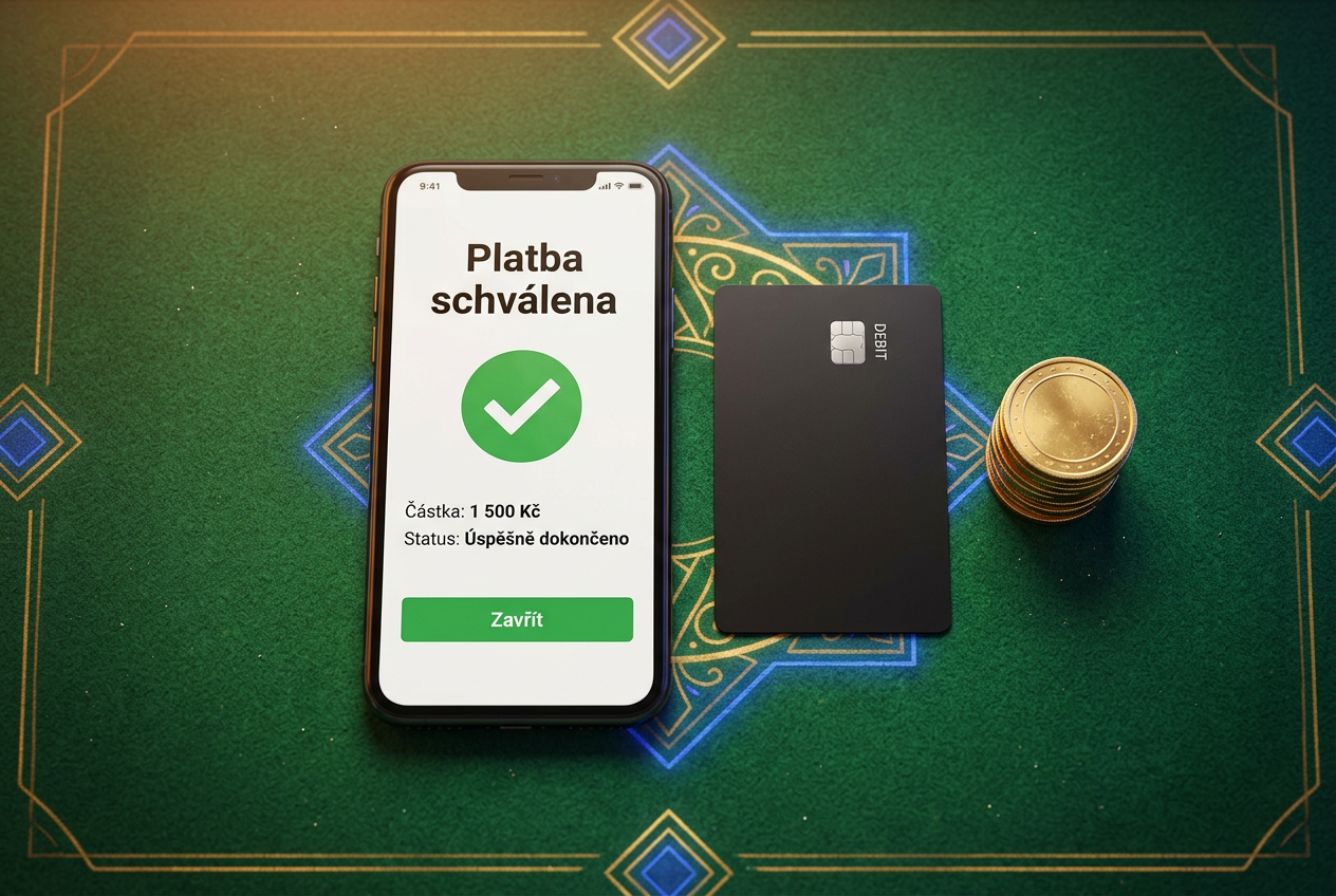 Detailní pohled na chytrý telefon zobrazující potvrzení o platbě vedle neoznačené platební karty na zeleném kasinovém plátně